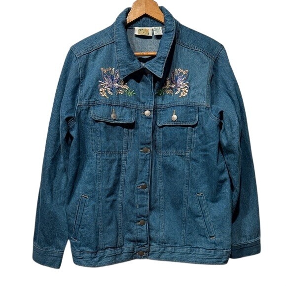 Collections Etc Jackets & Blazers - Collections Etc Denim Jacket Floral Embroidered Blue Cotton Long Sleeve Women L